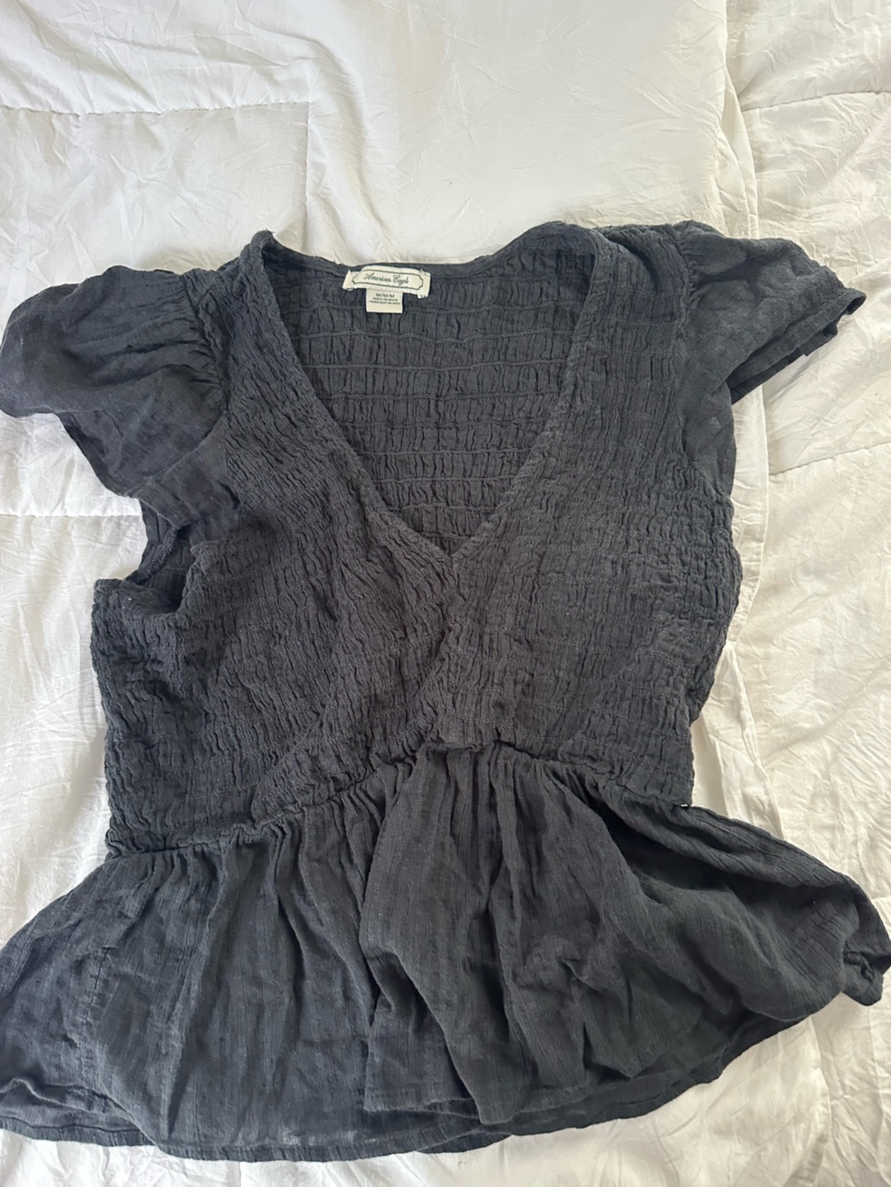 American Eagle Outfitters Black Crinkle Smocked Top